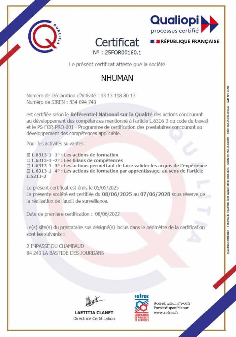 Certificat conformité QUALIOPI 2025-2028